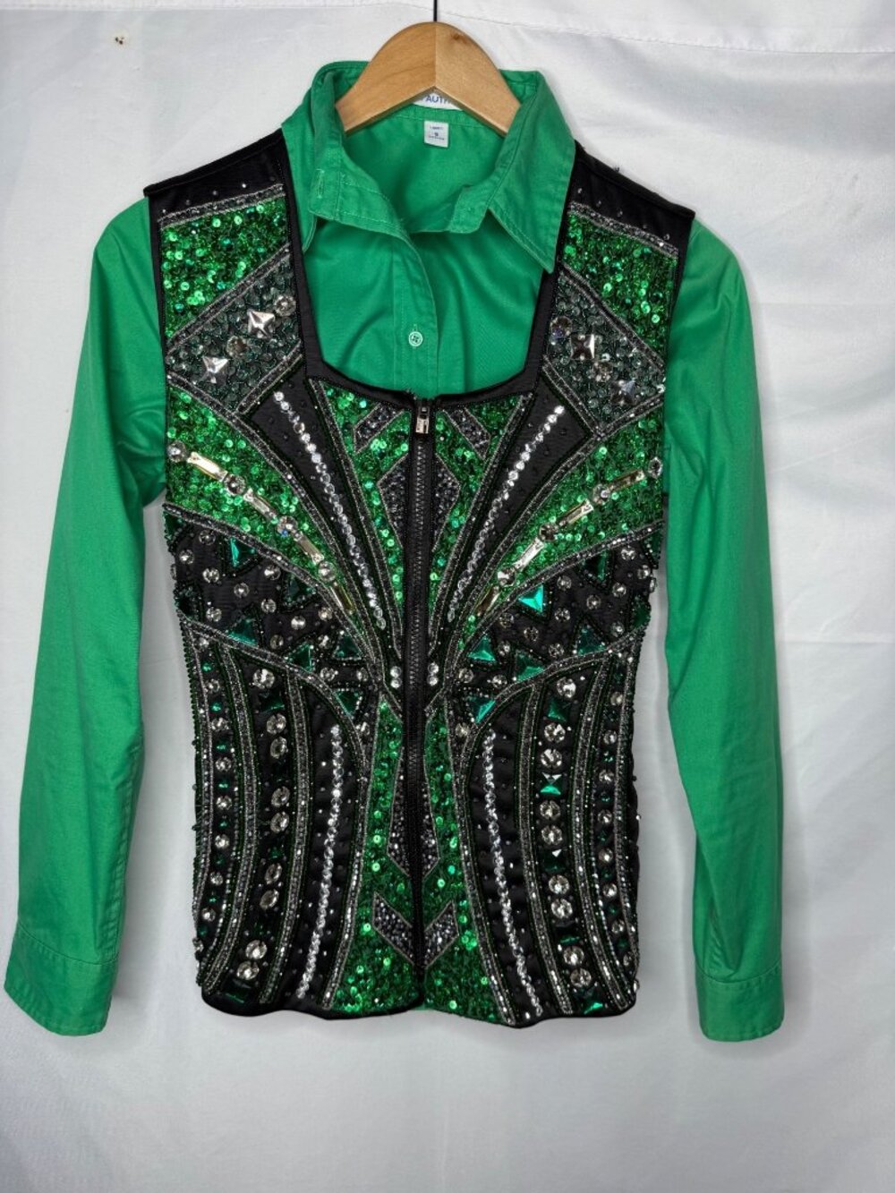 Western Pleasure Riding Shirt Horse Show Vest S Green Bling Rhinstone